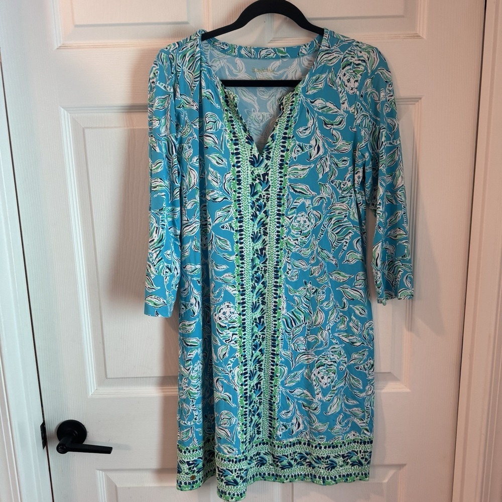 Lilly Pulitzer Nadine Shirtdress Women Sz L Blue Green Floral Animal Split Neck - Picture 1 of 7